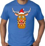 Bellatio Decorations Fout Kerst t-shirt - Rudolf het rendier met kerstmuts - blauw voor heren - XXXXL