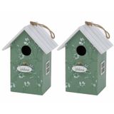 2x Vogelhuisje/nestkastjes groen/wit hout 22 cm - Vogelhuisjes tuindecoraties