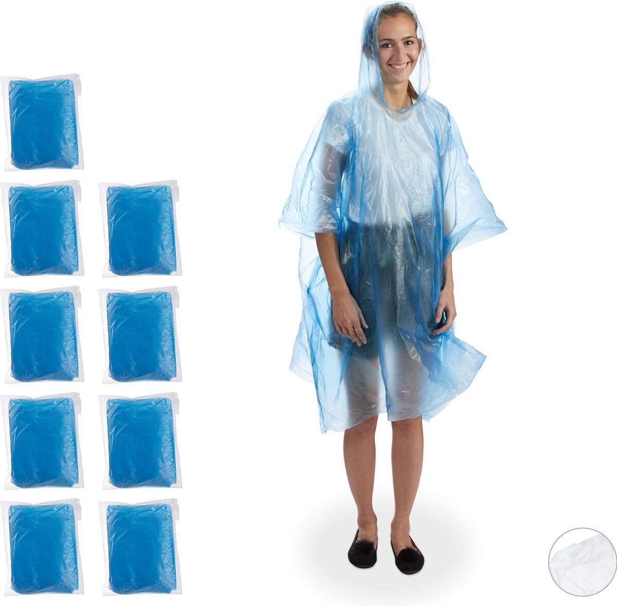 Relaxdays wegwerp regenponcho - set van 10 - poncho - met capuchon - regenkleding - cape blauw