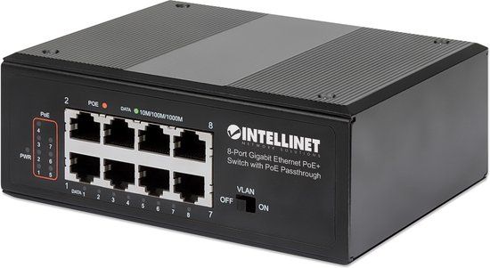Intellinet – Industriële PoE+ netwerk switch – 8‑poorts Gigabit – PoE Passthrough – DIN‑rail montage