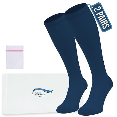 360 Relief Compressiekousen - 2 paar grote maat compressiekousen effen kleur dames en heren - ideaal voor vluchten, reizen en sport - 3XL blauw met mesh waszak