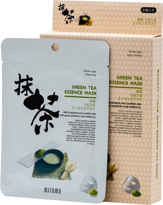Mitomo Green Tea Essence Japanse Gezichtsmasker met Groene Thee Gezichtsverzorging Huidverzorging Skincare Parabenenvrij Biologisch Beauty Mask Waardevolle voedingstoffen voor een liftend effect 4 Stuks