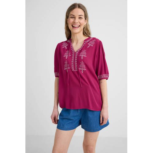 Anytime Anytime crinkle top met borduursel wijnrood