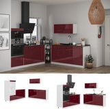 Vicco Keuken Fame-Line, Bordeaux rouge laqué brillant/Blanc, 340 cm sans plan de travail