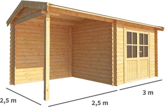 Merkloos Blokhut met overkapping Fenna 550 cm bij 250 cm diep Zadeldak bruin