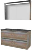 Basic Line Premium 46 Ensemble de meubles de salle de bain - 120 x 46 cm - Sans poignée - 4 tiroirs - Lavabo en pierre naturelle - Sans trou de robinetterie - Armoire miroir avec éclairage LED - Scotch Oak