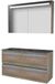Basic Line Premium 46 Ensemble de meubles de salle de bain - 120 x 46 cm - Sans poignée - 4 tiroirs - Lavabo en pierre naturelle - Sans trou de robinetterie - Armoire miroir avec éclairage LED - Scotch Oak