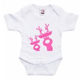 Bellatio Decorations Kerst baby rompertje - wit - glitter roze - rendier - Kerst cadeau 80