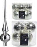 Decoris Kaemingk B.V. Compleet glazen kerstballen pakket zilver glans/mat 33 stuks met piek glans - 20x 6 cm - 12x 8 cm