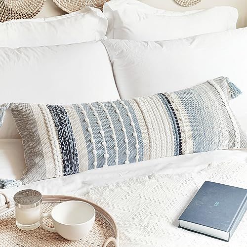BlissBlush Boho decoratieve lendenkussensloop 14 x 36, kustblauwe boerderij lendenkussen voor bank, lang decoratief kussen voor bed, moderne accent getextureerde kussensloop (alleen hoes)