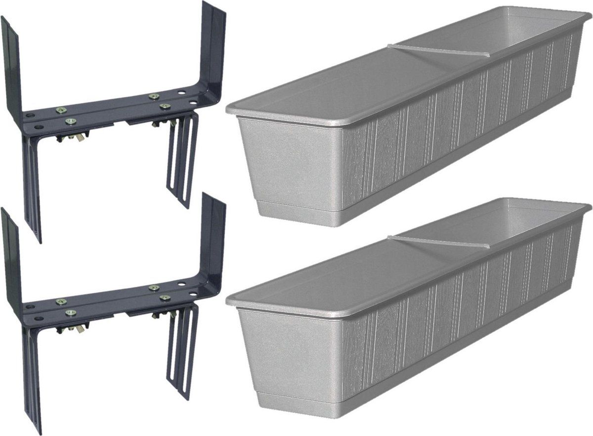 Geli Set van 3 plantenbakken grijs rechthoekig 80 cm met beugels