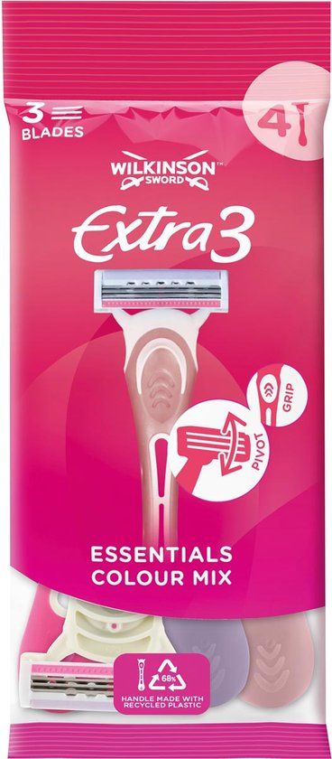 Wilkinson Extra 3 Essentials Colour Mix scheermes, 4 stuks