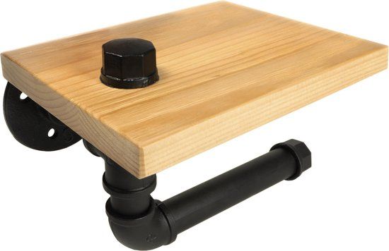 QUVIO Toilet Roll Holder with Shelf - Steel and Wood - Black/Brown