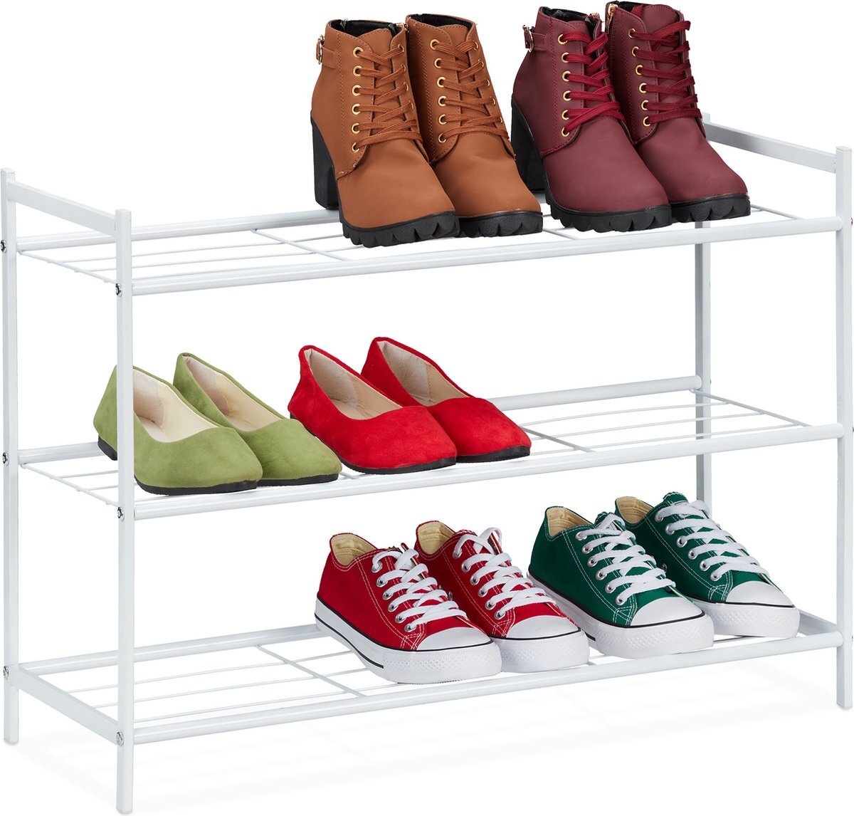 Relaxdays schoenenrek 3 laags - open schoenenkast - schoenen opbergrek - metaal - 9 paar - wit