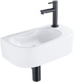 QeramiQ Fuente Fonteinset - 40x21.5x12cm - rechts - glad - halfrond - 1 kraangat - keramiek - fonteinkraan zwart mat - afvoerplug - verlaagd sifon - wit glans