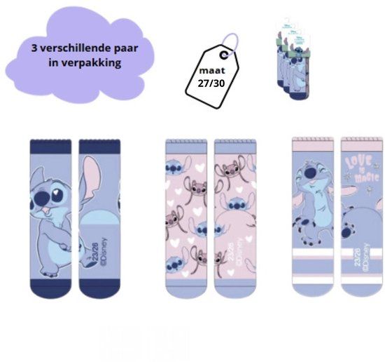 Disney Lilo en Stitch Lilo en Stitch Sokken - Maat 27/30 - Kindersokken - 3 Paar - Wit/Paars