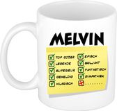 Bellatio Decorations Naam mok Melvin - wit - top gozer - keramiek - 300 ml - cadeau collega beker