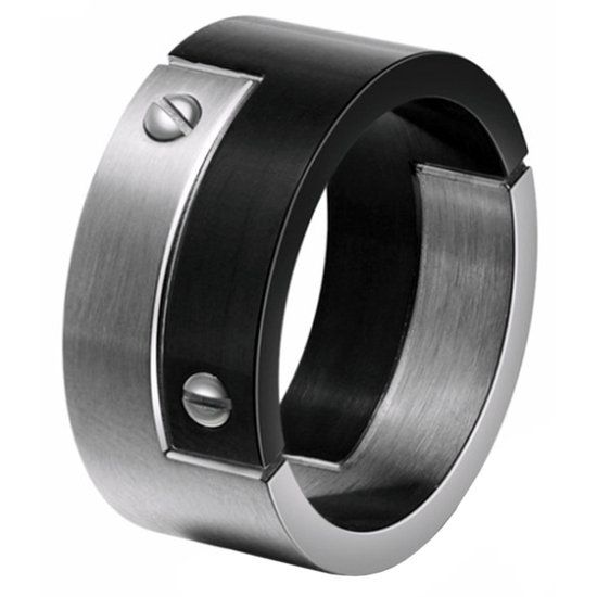 Mendes Heren Ring Edelstaal Schroef Zwart Zilver-21mm