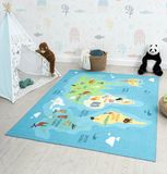 the carpet Happy Life Speeltapijt voor kinderen, wereldkaart, aarde, dieren, blauw, wasbaar, 140 x 200 cm