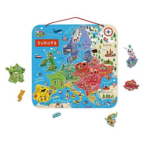 Janod - Puzzel Europese kaart magnetisch van hout - 40 magnetische delen - 45 x 45 cm - Spaanse versie - educatief spel vanaf 7 jaar, J05474