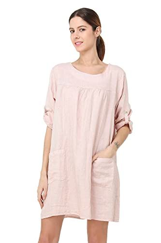 Women's Linen Dress - Made in Italy - Short Sleeve - Round Neck - Pockets - Pink - XL