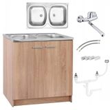 Stamar Sonoma Armoire d'évier de cuisine 80 cm à 2 compartiments Montage mural 46 cm Profondeur 46 cm Robinet élastique prêt à monter XXL