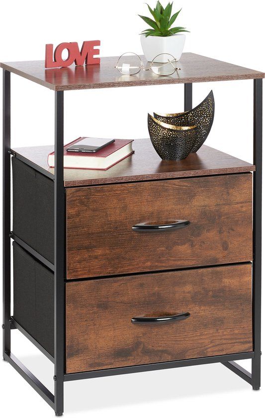 Relaxdays Industrieel Nachtkastje - 2 Lades - Houtlook - Zwart/Bruin