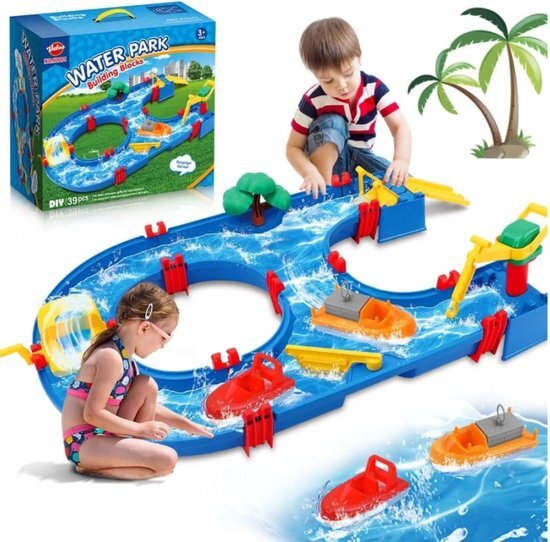 Vatos Water Speelbaan - Water Speelbaan - Waterpark - Water Speelgoed - Water Speelgoed Voor Kinderen - Mini Waterpark - Buitenspeelgoed - 39 Delig - Blauw - Speelset Op Tafel, Grond Of Strand - Voor Kinderen