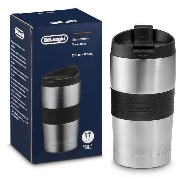 De'Longhi DLSC074 thermobeker voor op reis, roestvrijstalen dubbelwandige koffiemok voor warme en koude dranken, opening met één klik, inhoud 235 ml