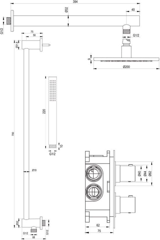 Brauer Thermostatische inbouw regendouche 3-weg omstelling SET 37 - Mat zwart