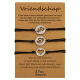 Pax Amare Vriendschapsarmbandjes voor 3 "Vriendschap" - Verschillende Hartjes - BFF Armbandjes met Cadeau Kaartje - Zilverkleurig - Elastisch Verstelbaar