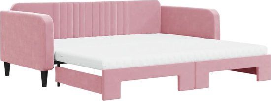 vidaXL Slaapbank met onderschuifbed en matrassen 100x200 cm fluweel roze