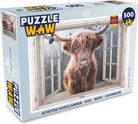 MuchoWow Puzzel Schotse hooglander - Koe - Berg - Doorkijk - Legpuzzel - Puzzel 500 stukjes