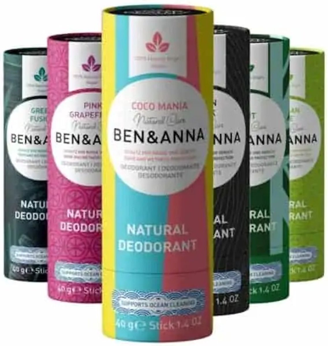 Ben & Anna BEN&ANNA - Papertube Deodorant 40gr - 6 Pak - Voordeelverpakking - Persian lime, Pink grapefruit, Urban black, Mint, coco mania en Green fusion