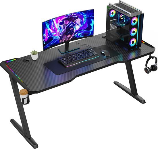 Avalo Gaming Bureau - 140x60x73 CM - Game Desk Met LED Verlichting - Gaming Desk - Tafel - Zwart