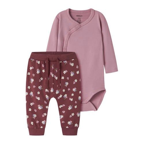 NAME IT BABY katoenen gebloemde broek en romper set - paars