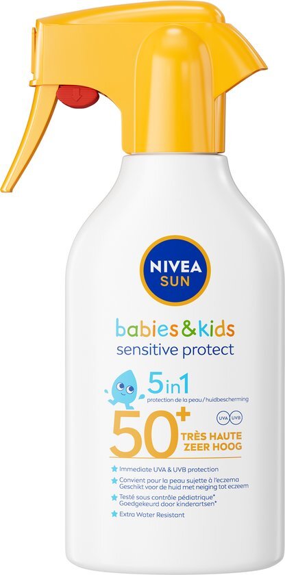 NIVEA SUN Babies &amp; Kids Sensitive Protect Zonnebrand Spray - Baby en Kind - SPF50+ - Zonnespray - Eczeemgevoelige huid - Parfumvrij - Waterbestendig - 270 ml