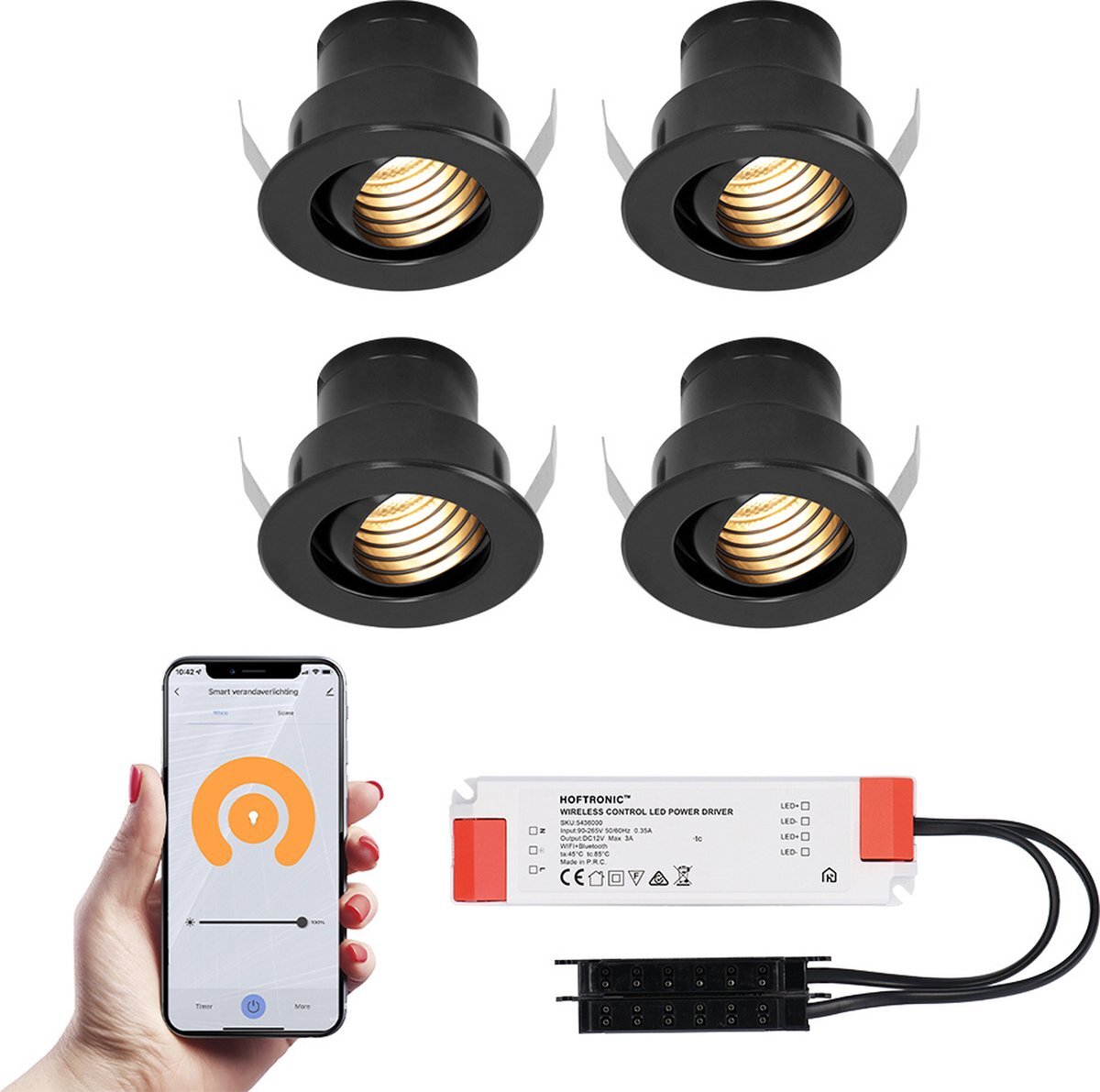 Hoftronic Smart 4x Medina Zwarte Smart Led Inbouwspots Complete Set