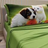 PETTI Artigiani Italiani - Beddengoed dieren met katten en honden van katoen met kussenslopen in digitale print, laken voor eenpersoonsbed, groen eenpersoonsbed, 100% Made in Italy