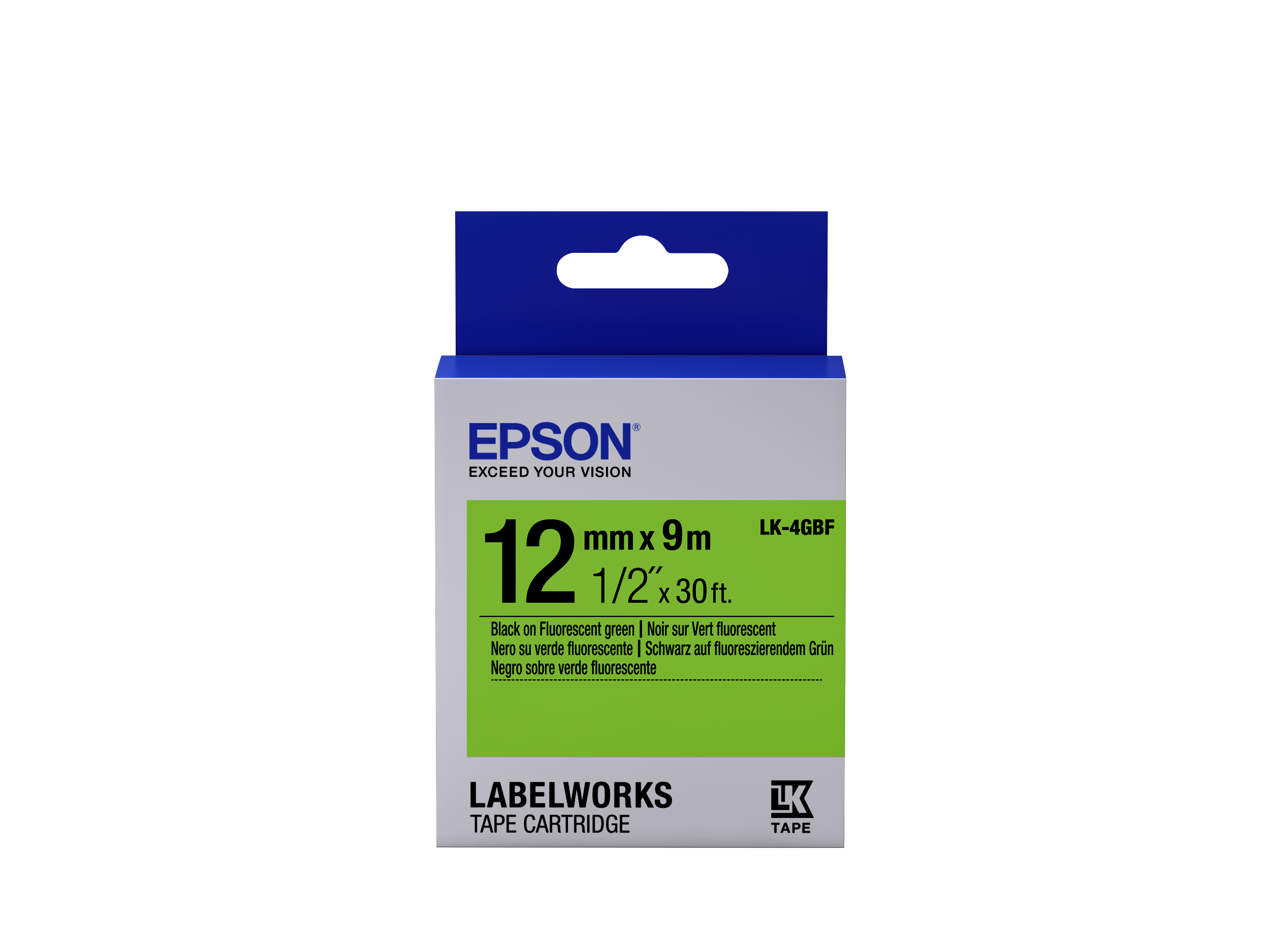 Epson LK-4GBF Fluor Blk/Green Fluorescent Tape - 12/9