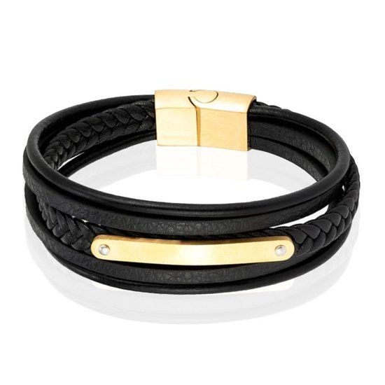 Mendes Lederen Armband voor Mannen - Goud, Met Graveerplaat en RVS Sluiting-21cm