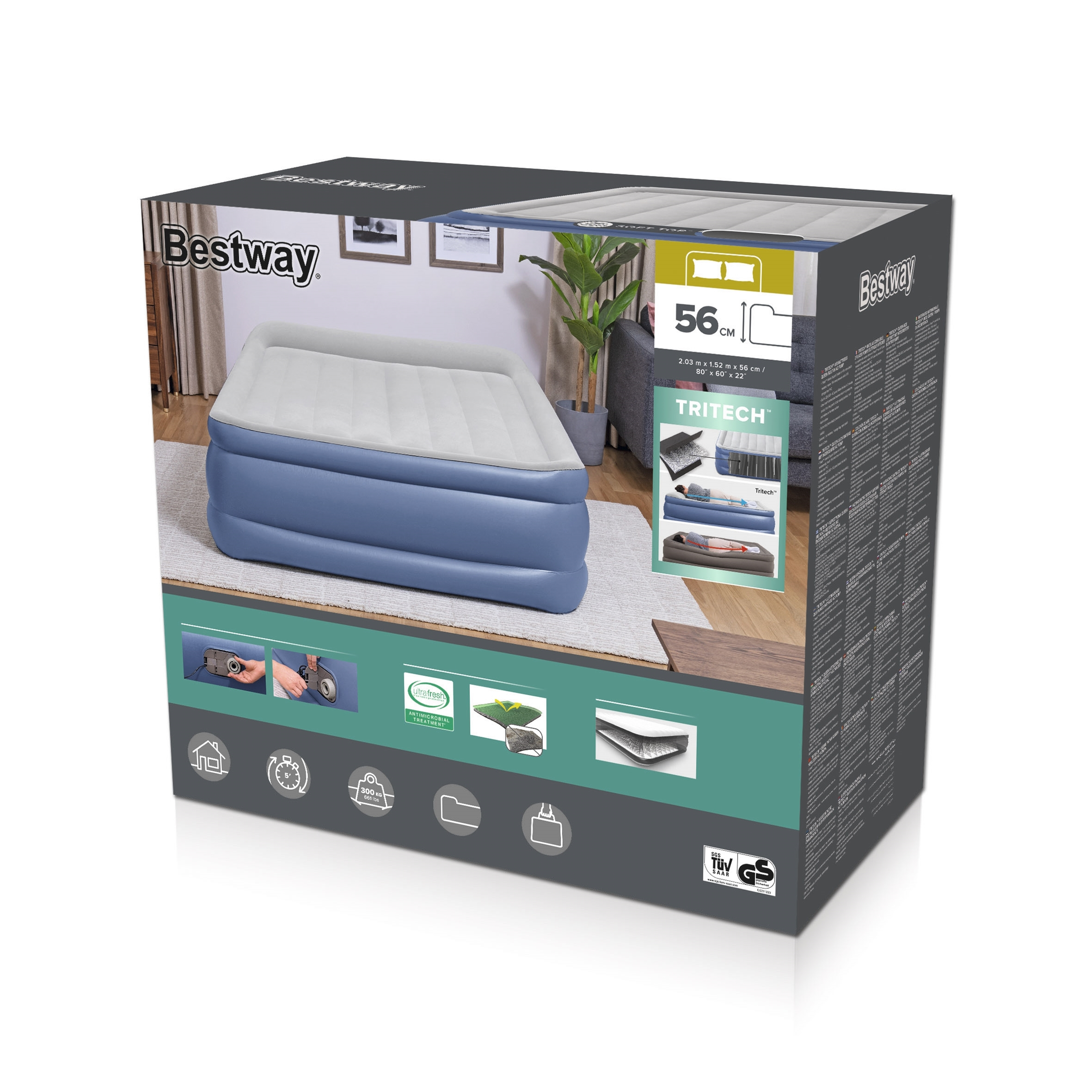 Bestway AlwayzAire Queen Luchtmatras met Ingebouwde Dubbele Pomp en Antimicrobi&#235;le Coating 2,03 m x 1,52 m x 46 cm