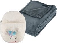 Apollo - Fleece deken blauwgrijs 125 x 150 cm met voetenwarmer slof eenhoorn one size