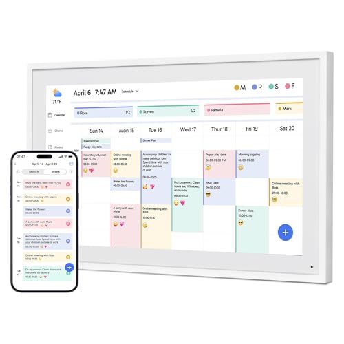 Dragon Touch Digitale kalender, 21,5 inch, 1920 x 1080 FHD, elektronische wandkalender, familieplanner met 32 GB geheugen en wandhouder, touchscreen, intelligente tafelkalender, wit