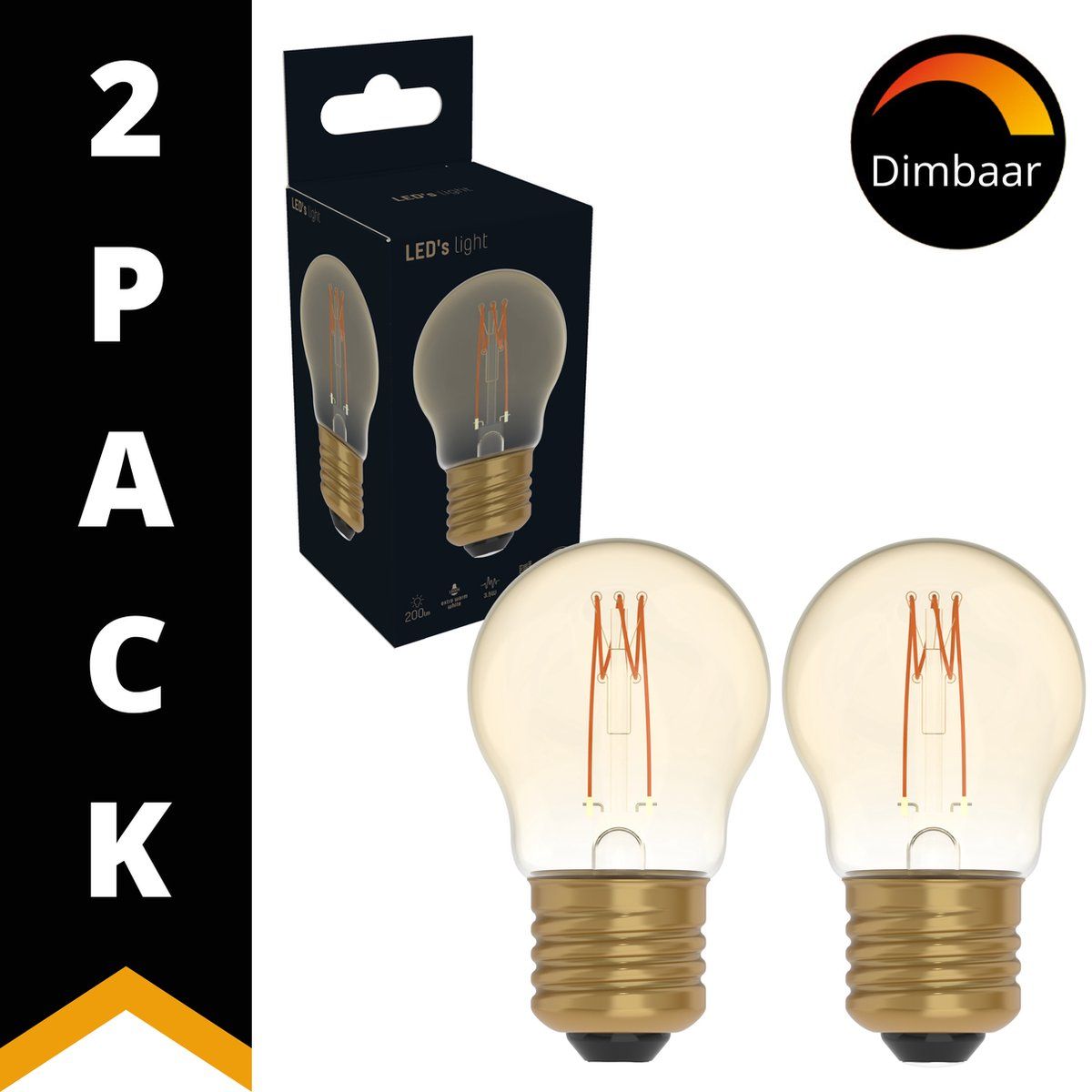 LED.nl DecoDim LED Kogellamp Goud E27 - Bol Ø 4.5 cm - Dimbaar - Extra warm wit - 2 lampen