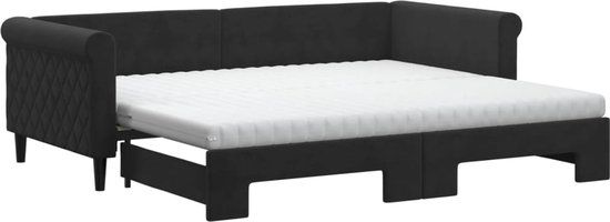 vidaXL Slaapbank met onderschuifbed en matrassen - 90x200 cm - Zwart Fluweel
