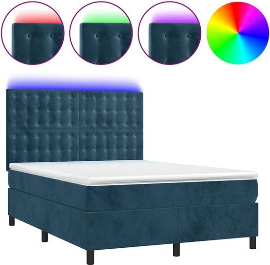 VidaXL Boxspring met Matras en LED Fluweel Donkerblauw 140x200 cm