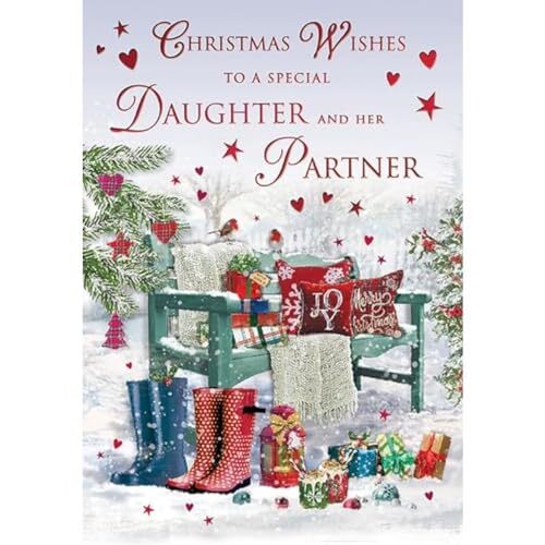 Regal Publishing Traditionele kerstkaart, paar dochter en partner, bank - 8 x 6 inch - Piccadilly Greetings