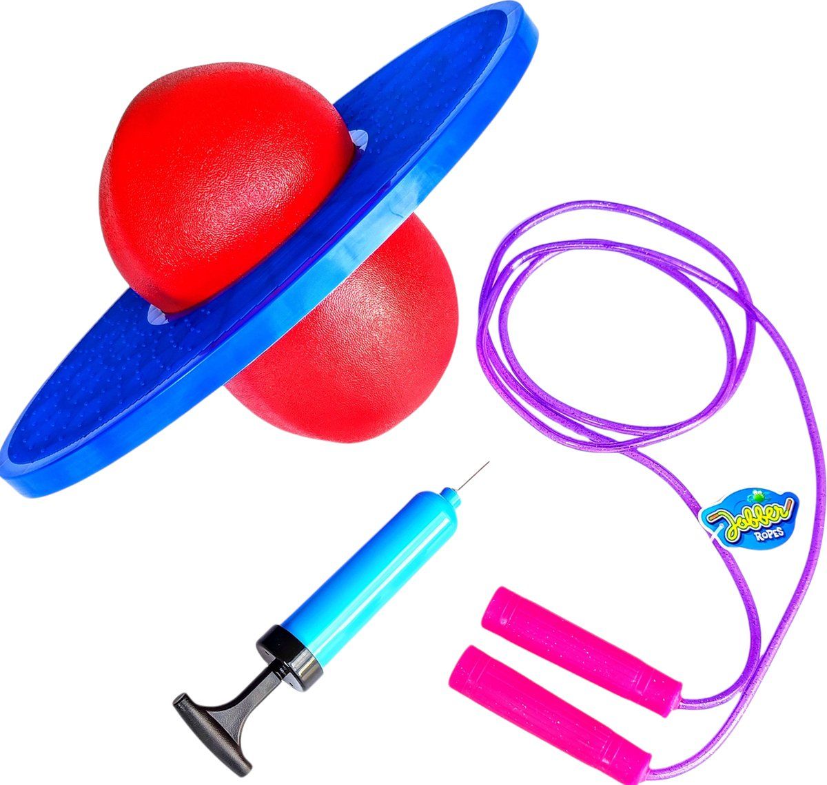 Jobber Toys - SET Glitter Springtouw + Lolobal incl. pompje - Blauw