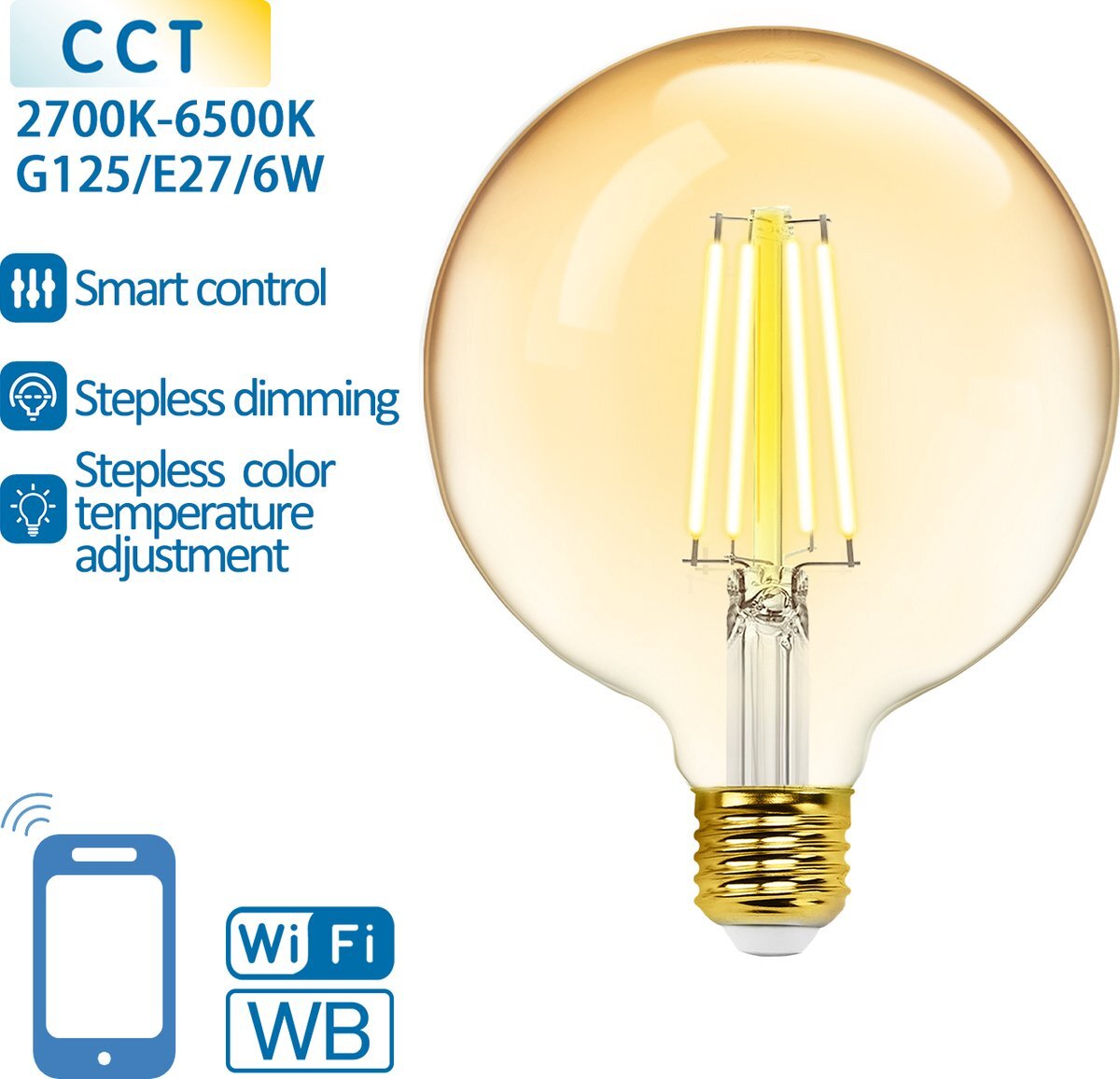 Aigostar Globe E27 gloeilamp WiFi CCT 2700K-6500K | G125 - warmwit - daglichtwit LED 6W ~ 806 Lumen - amber glas - 230 Volt